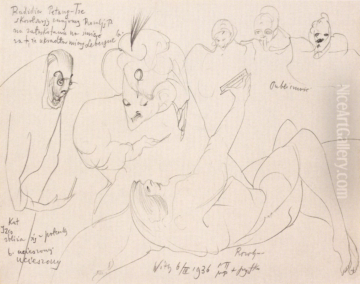 Rajah Petang-Tse sentenced his friend Rozalia P. to be tickled to death Oil Painting by Stanislaw Ignacy Witkiewicz (Witkacy)