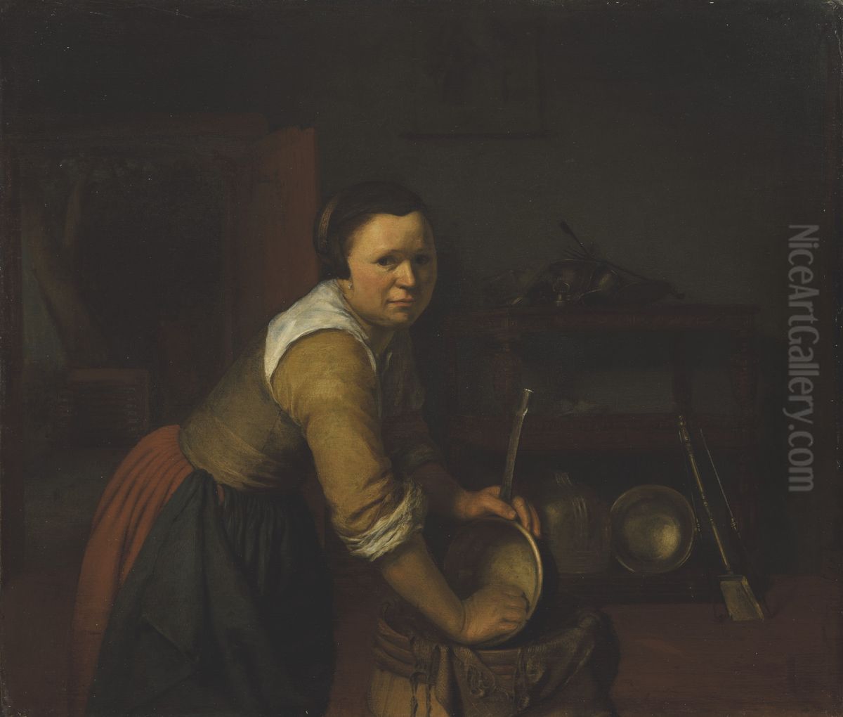 Woman Scouring a Pan Oil Painting by Heiman Dullaart