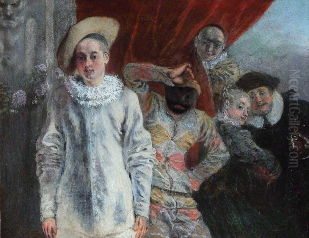 Pierrot, Harlequin and Scapin Oil Painting by Jean-Antoine Watteau