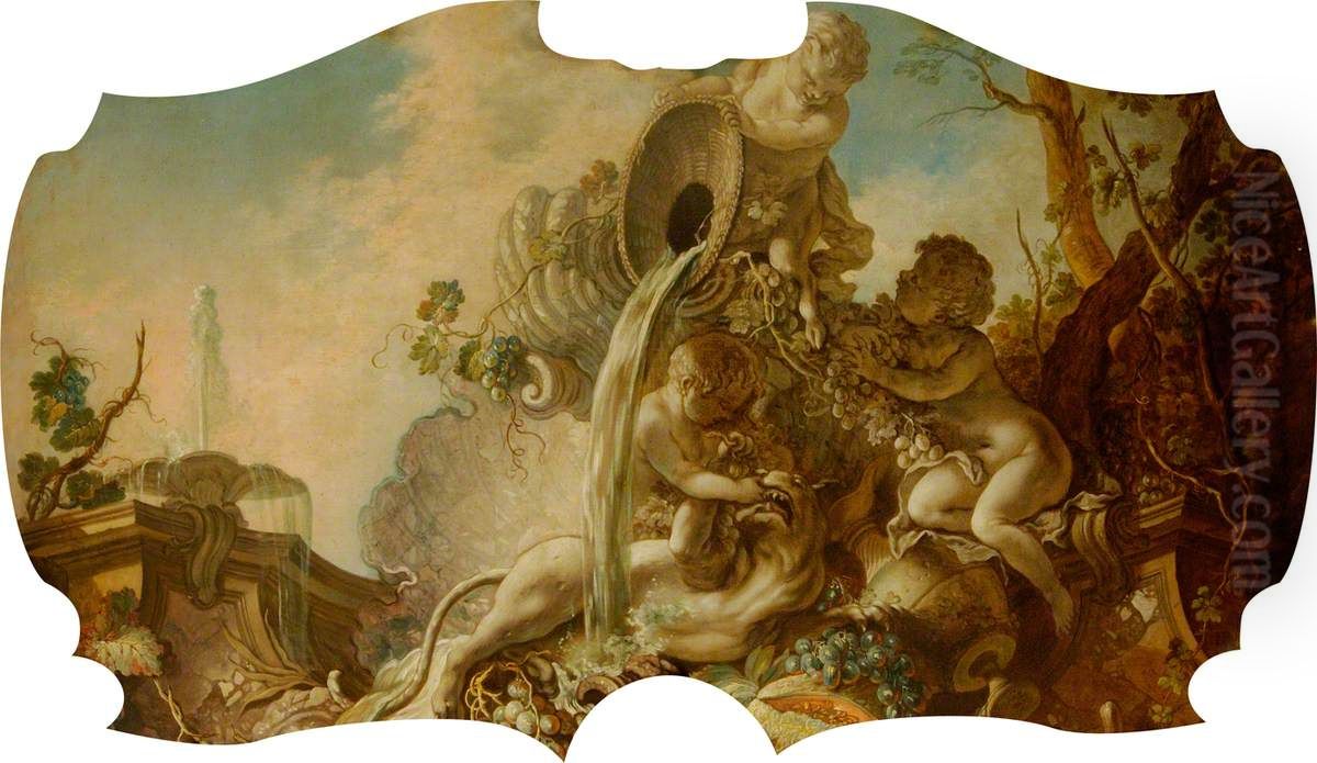 Overdoor with a Faun and Two Putti Feeding a Lioness Oil Painting by Jacques de Lajoue