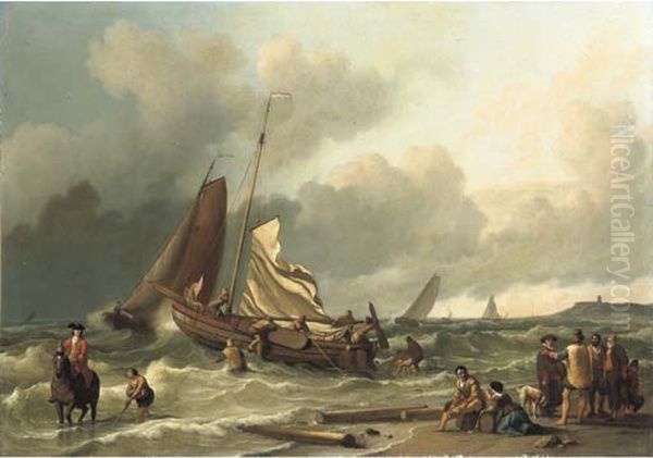 Coastal view with sailing vessels in the surf and figures on the beach Oil Painting by Ludolf Bakhuizen