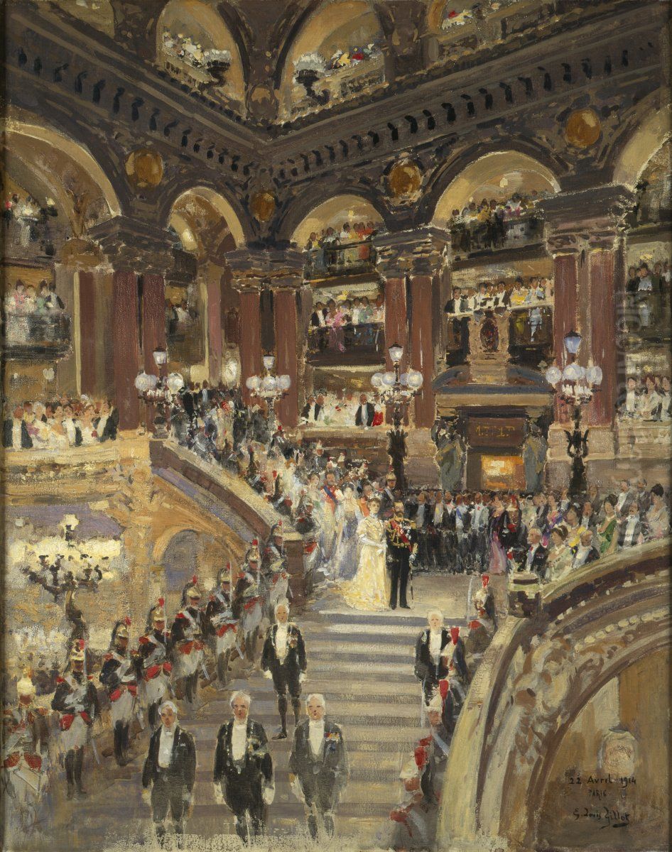 L'arrivee du Roi George V et de la Reine Mary a l'opera, Paris, 22 avril 1914 Oil Painting by Eugene Louis Gillot