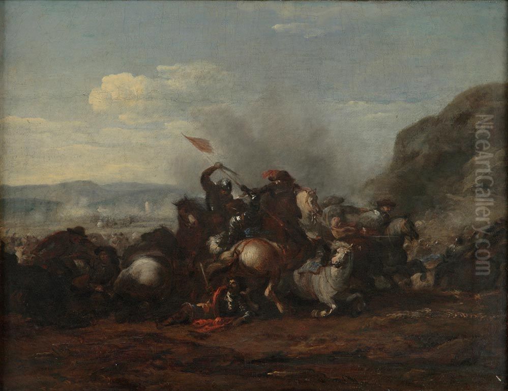Horsemen in Combat; Man with Red Flag Oil Painting by Jacques Courtois