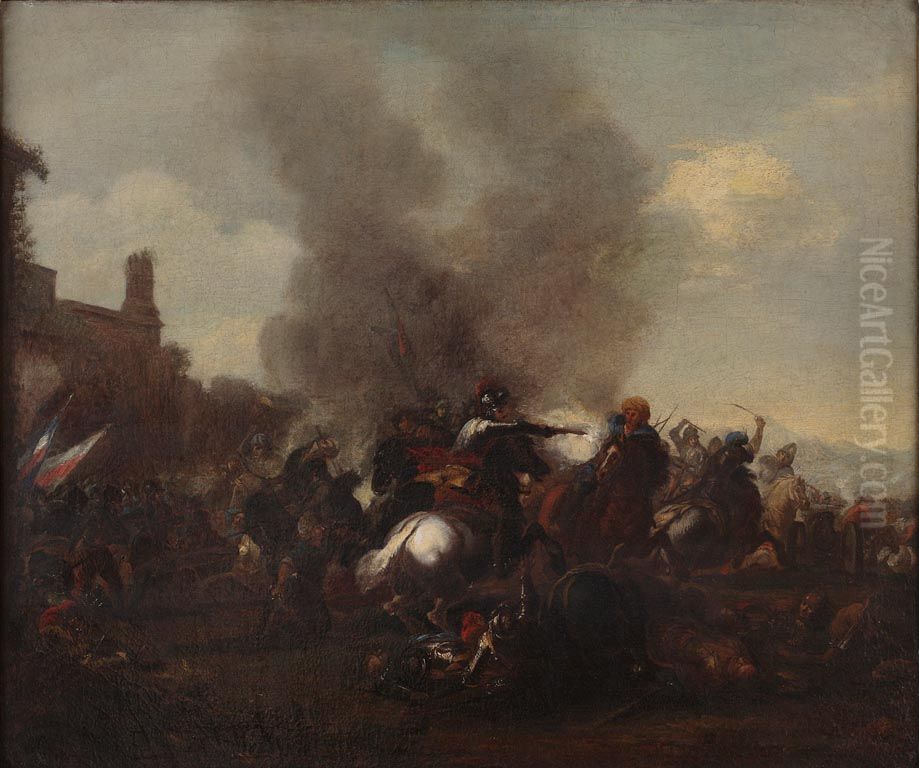 Horsemen in Combat; Man with Pistol Oil Painting by Jacques Courtois