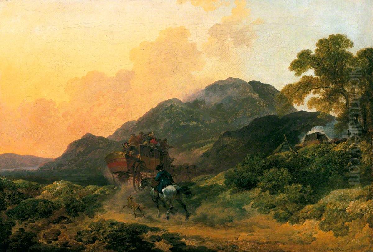 Skiddaw, Cumberland, a Summer Evening with a Stage Coach Oil Painting by Philip James de Loutherbourg