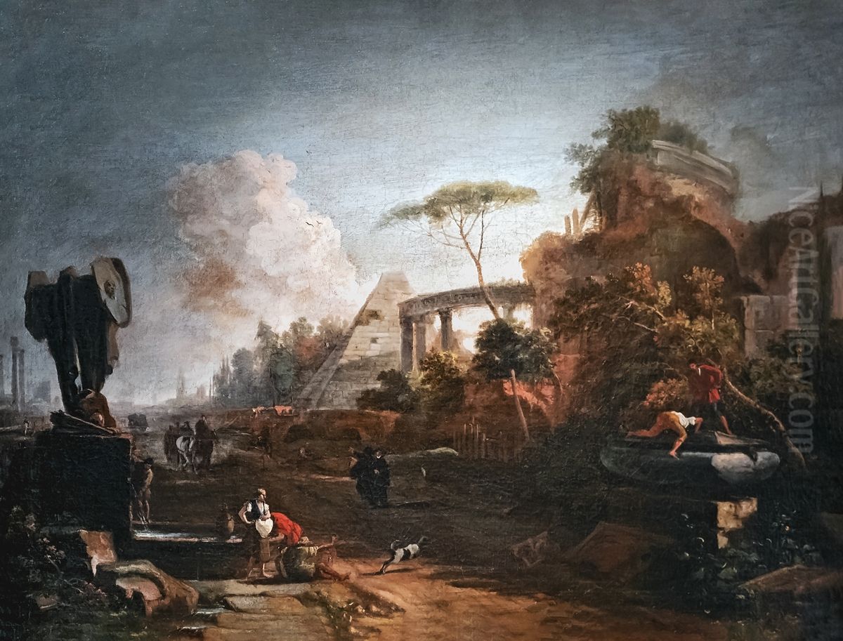 View with classical Roman ruins Oil Painting by Marco Ricci