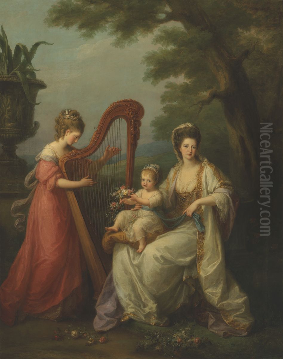 Portrait of Lady Elizabeth Smith-Stanley, Countess of Derby, with her infant son Edward, later 13th Earl of Derby, and her half-sister, Lady Augusta Campbell, playing the harp Oil Painting by Angelica Kauffmann