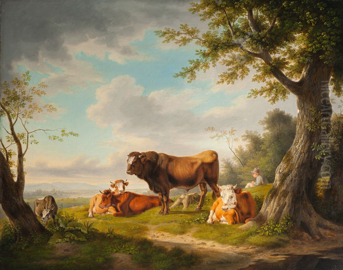 Landschaft mit Rindern und einem Hirten Oil Painting by Carl Kuntz