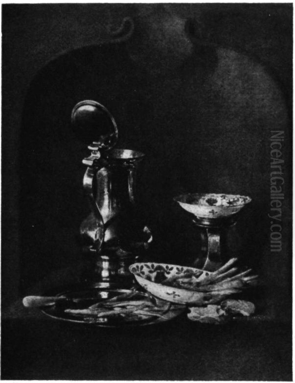 Still life with pewter utensils and Chinese bowls Oil Painting by Jan Treck