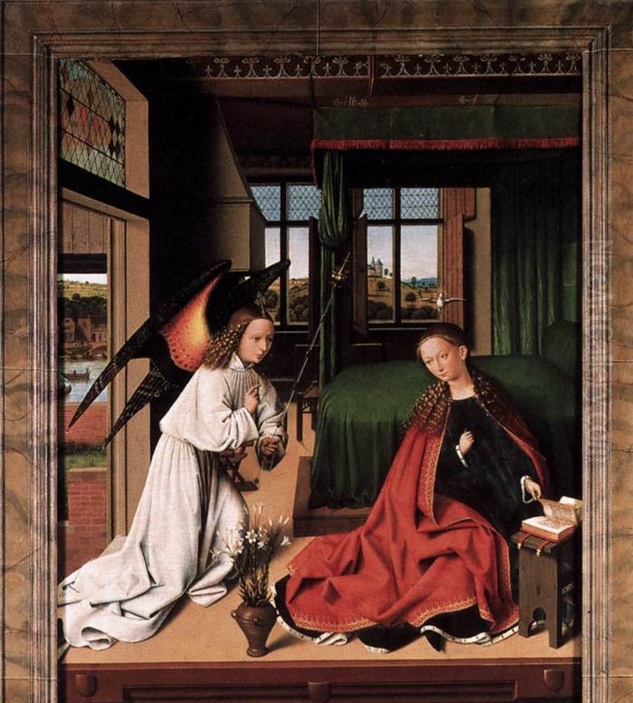 The adoration of the Christ Child; in the background the annunciation to the shepherds Oil Painting by Petrus Christus