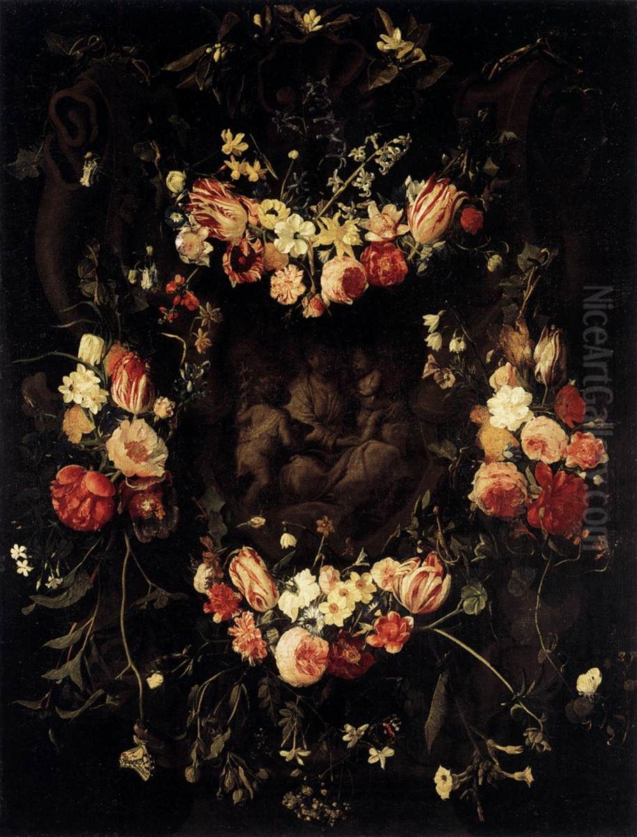 Floral Wreath with Relief after Quellinus Oil Painting by Daniel Seghers