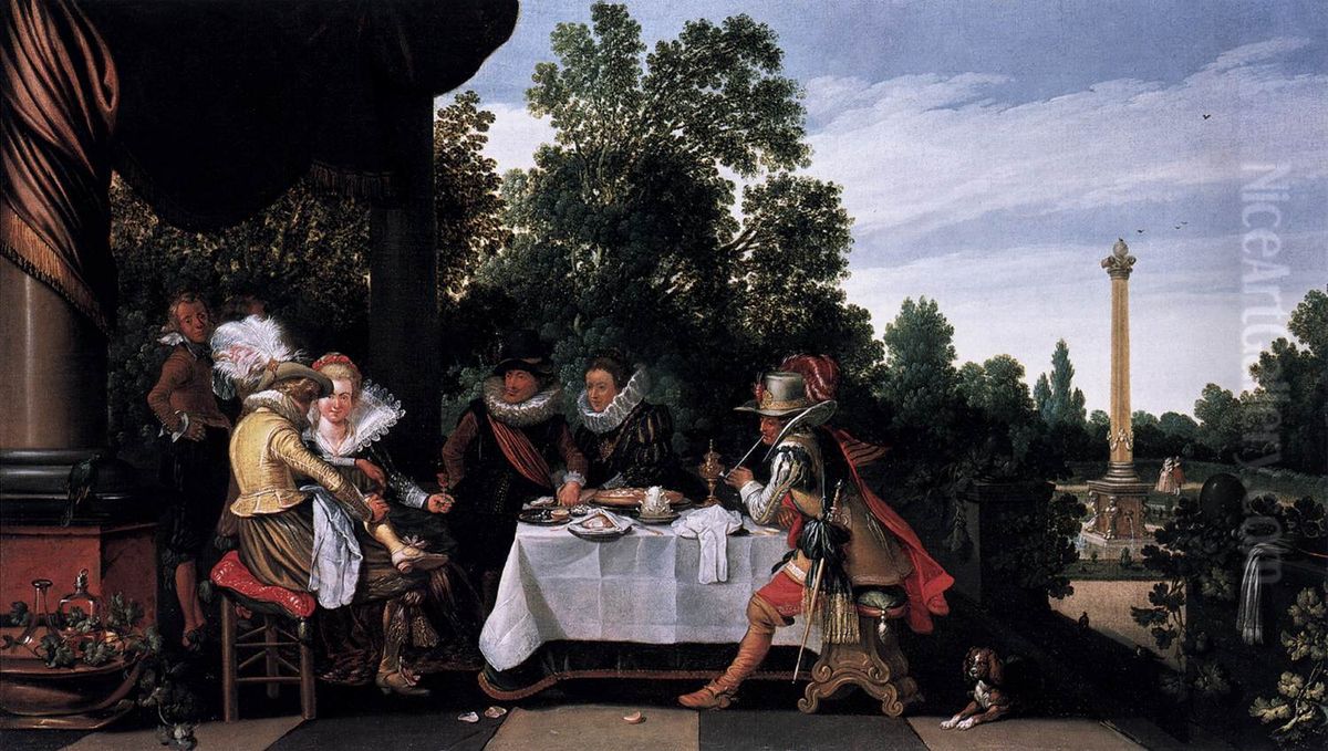 Merry company banqueting on a terrace.[1] Oil Painting by Esaias Van De Velde