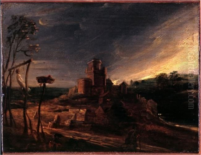 Landscape with a hanged man on a gallows Oil Painting by (studio of) Rubens, Peter Paul