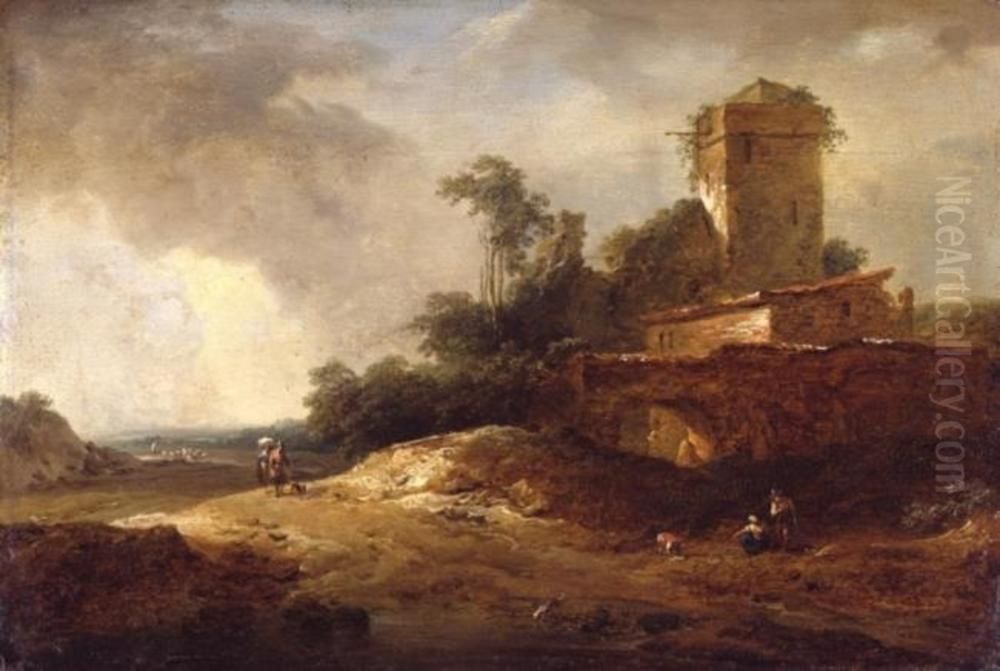Landschaft mit Strasse, die an einem Wartturm vorbeifuhrt (Gegenstuck zu Kat.Nr. 1965) Oil Painting by Johann Christian Brand