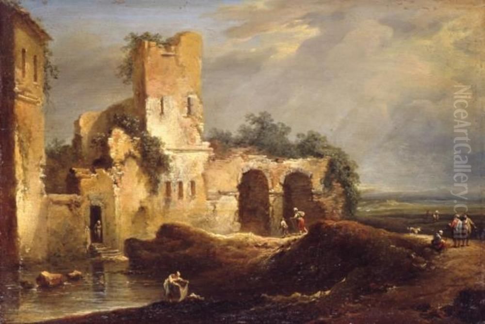 Landscape with a ruin at a stretch of water Oil Painting by Johann Christian Brand