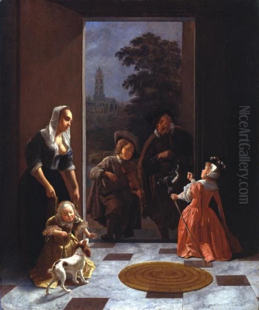 Street musicians at the door Oil Painting by Jacob Ochtervelt