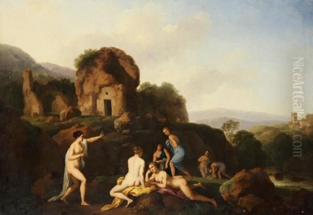 Badende Nymphen in bergiger sudlicher Ruinenlandschaft Oil Painting by Christian Wilhelm Ernst Dietrich
