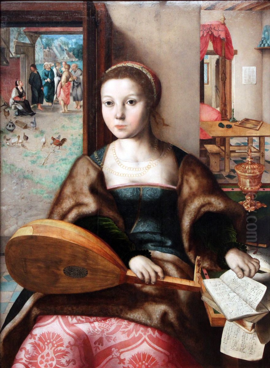 maria maddalena e sullo sfondo cristo in casa di marta Oil Painting by Jan Sanders Van Hemessen