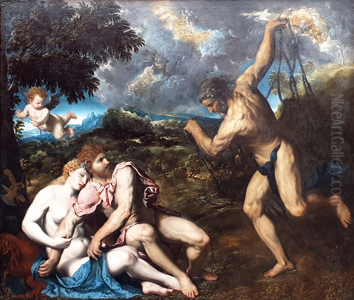 Mars und Venus, von Vulkan uberrascht Oil Painting by Paris Bordone