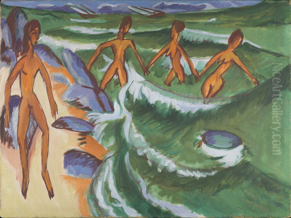 Bathers on the beach of Fehmarn Oil Painting by Ernst Ludwig Kirchner