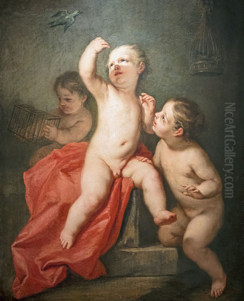 Children playing with a little bird Oil Painting by Jacopo Amigoni
