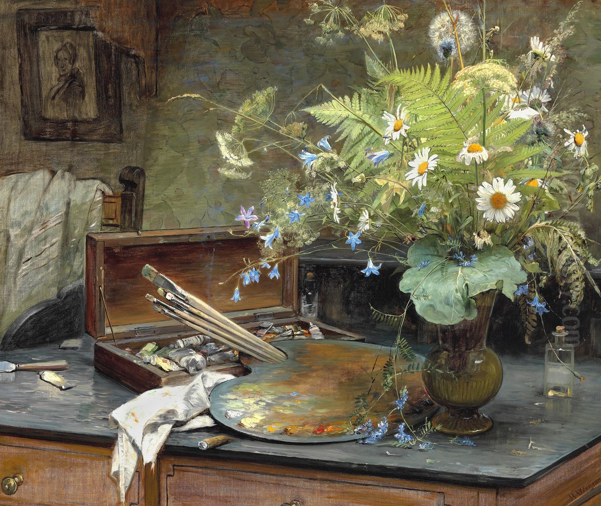 Interior med markbuket, kunstnerens malerkasse, palet og en halvt roget cerut Oil Painting by Bertha Wegmann
