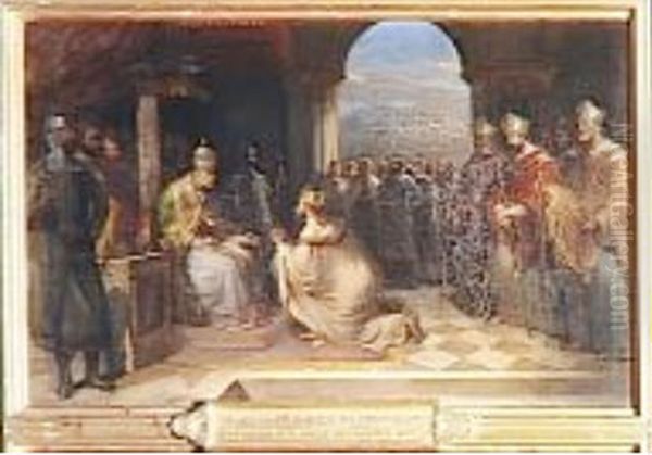 Le pape Eugene III recoit les ambassadeurs du roi de Jerusalem, 1145 Oil Painting by Hortense Haudebourt-Lescot