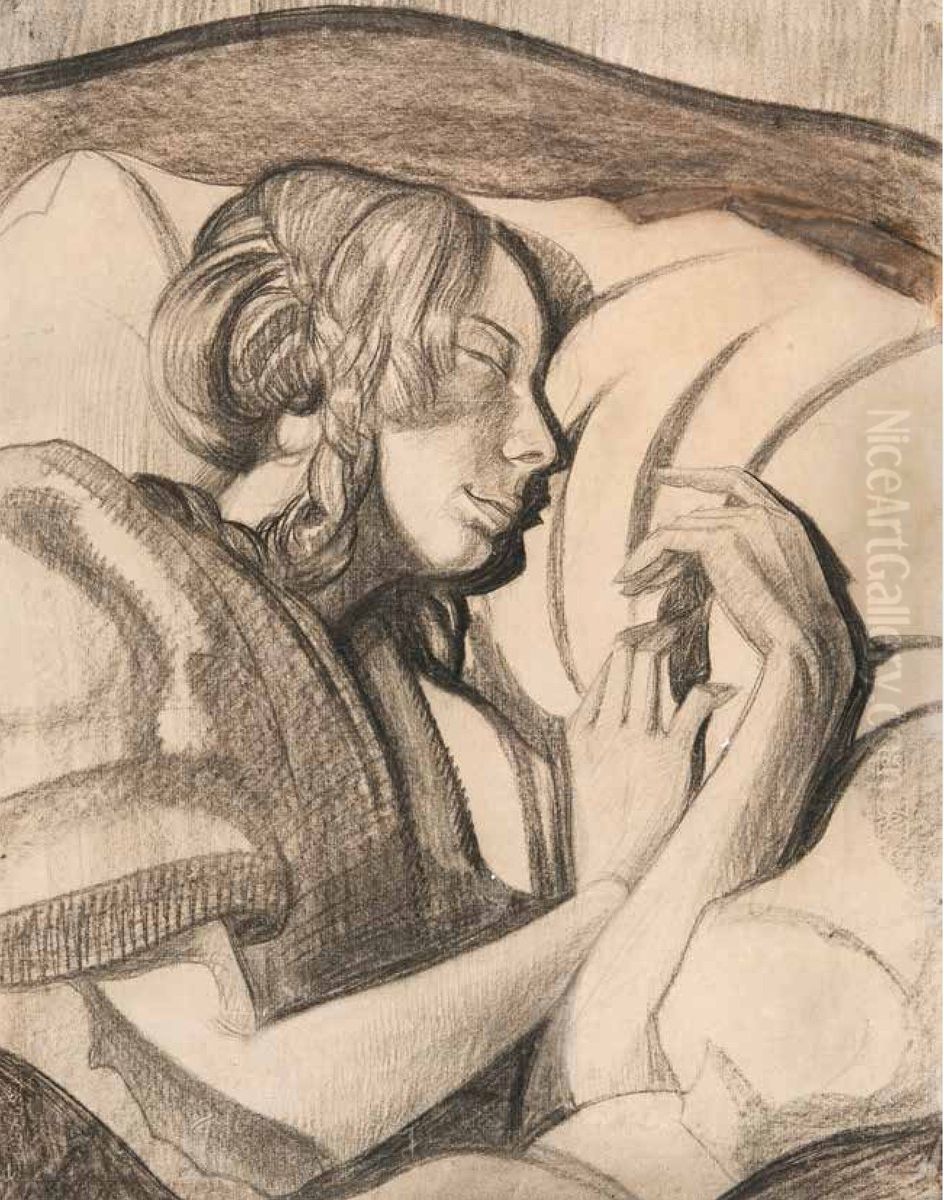 Eugenia Dunin-Borkowska in a bed Oil Painting by Stanislaw Ignacy Witkiewicz (Witkacy)