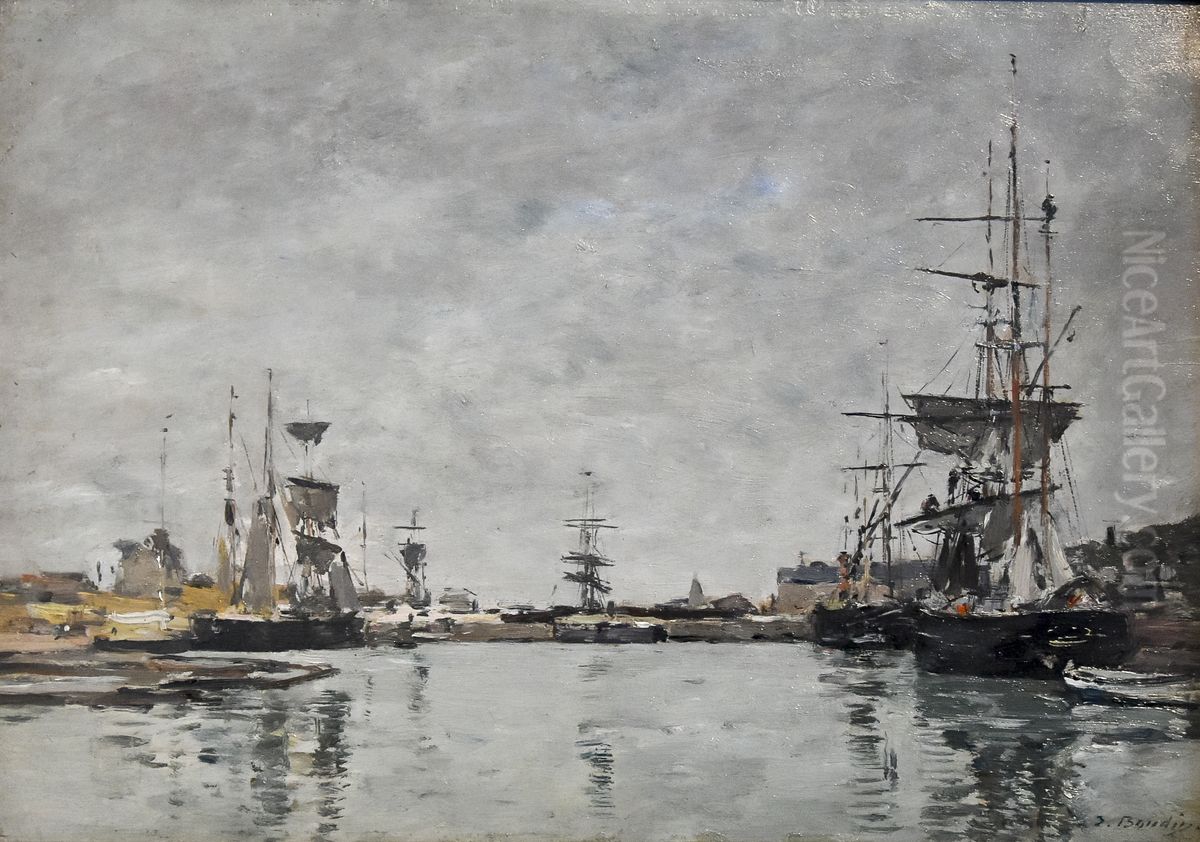 Vue du bassin de Deauville (ciel gris) Oil Painting by Eugene Louis Boudin