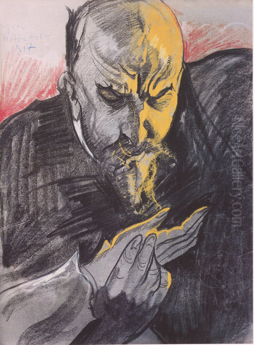 Portrait of Tadeusz Micinski, leaning over lady's hand Oil Painting by Stanislaw Ignacy Witkiewicz (Witkacy)