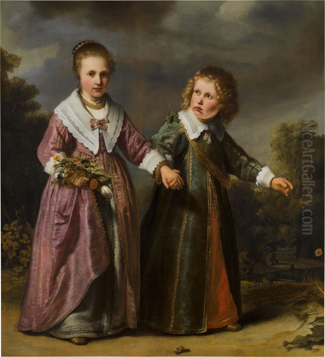 Double portrait of an unknown boy and an unknown girl Oil Painting by Ferdinand Bol
