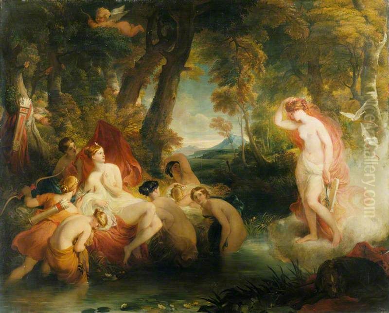 Venus in Search of Cupid Surprises Diana Oil Painting by William Hilton