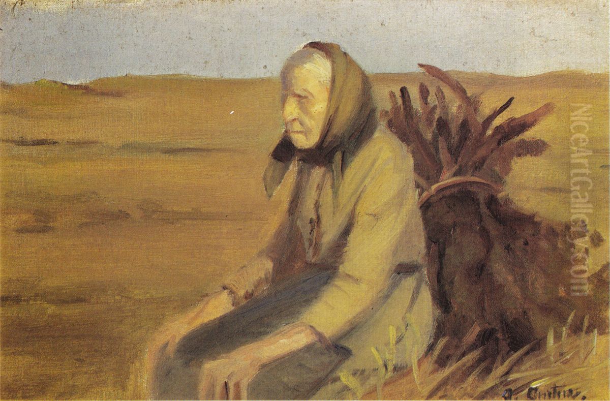 Gammel kone (Laurendse) med risknippet.. Oil Painting by Anna Ancher