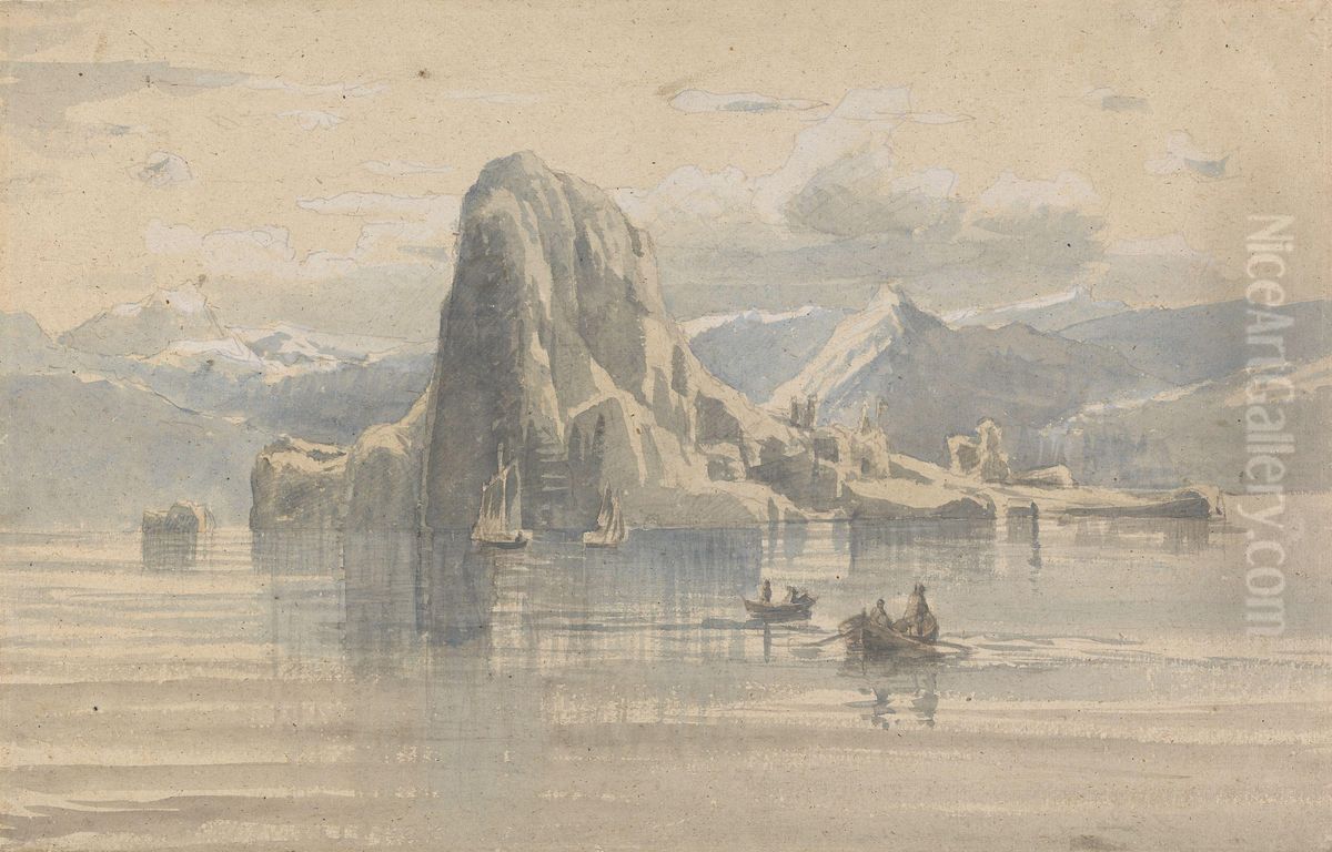 Boats, Mountain Peaks and Calm Seas Oil Painting by Lars Hertervig