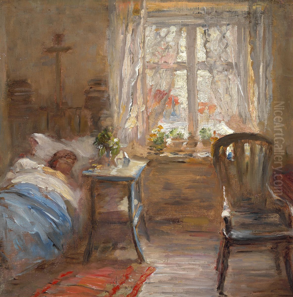 Interior med sovende kvinde Oil Painting by Bertha Wegmann
