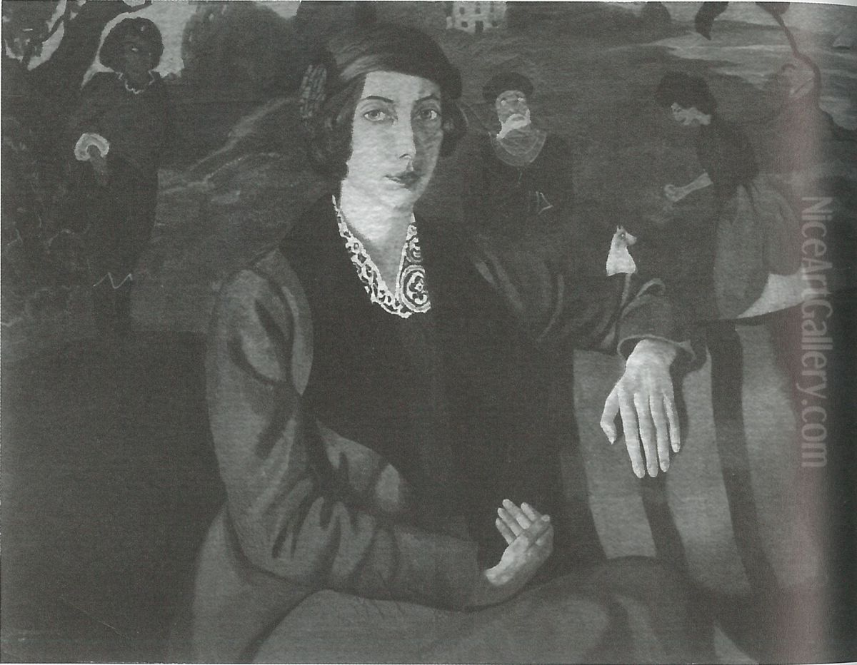 Portrait of Eugenia Dunin-Borkowska, with paintings in the background Oil Painting by Stanislaw Ignacy Witkiewicz (Witkacy)