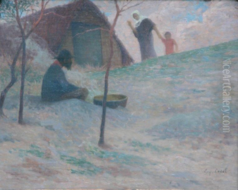 Famille De Paysans Pres D'un Hangar Oil Painting by Eugene Cadel