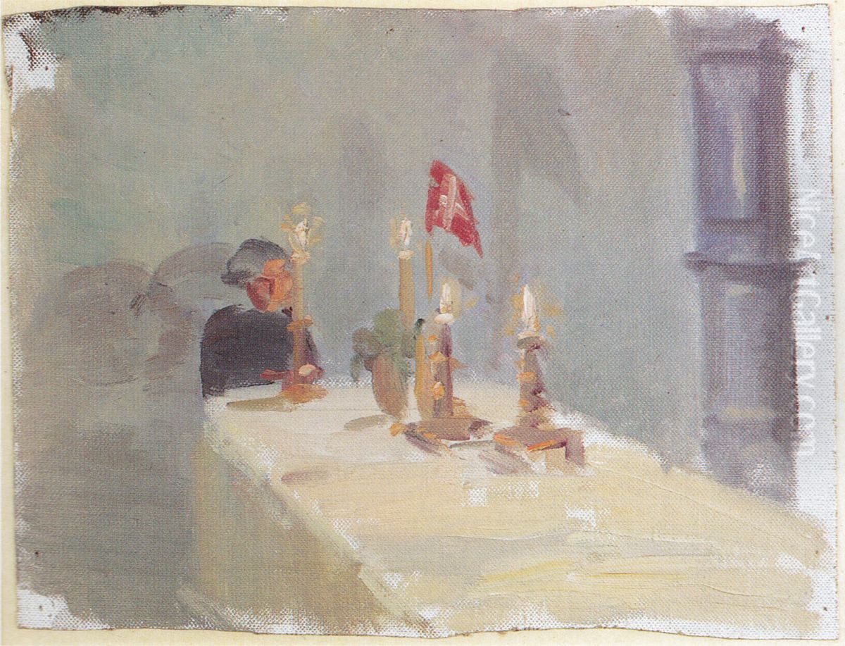Birthday. A woman at the end of a table with candles and a flag Oil Painting by Anna Ancher