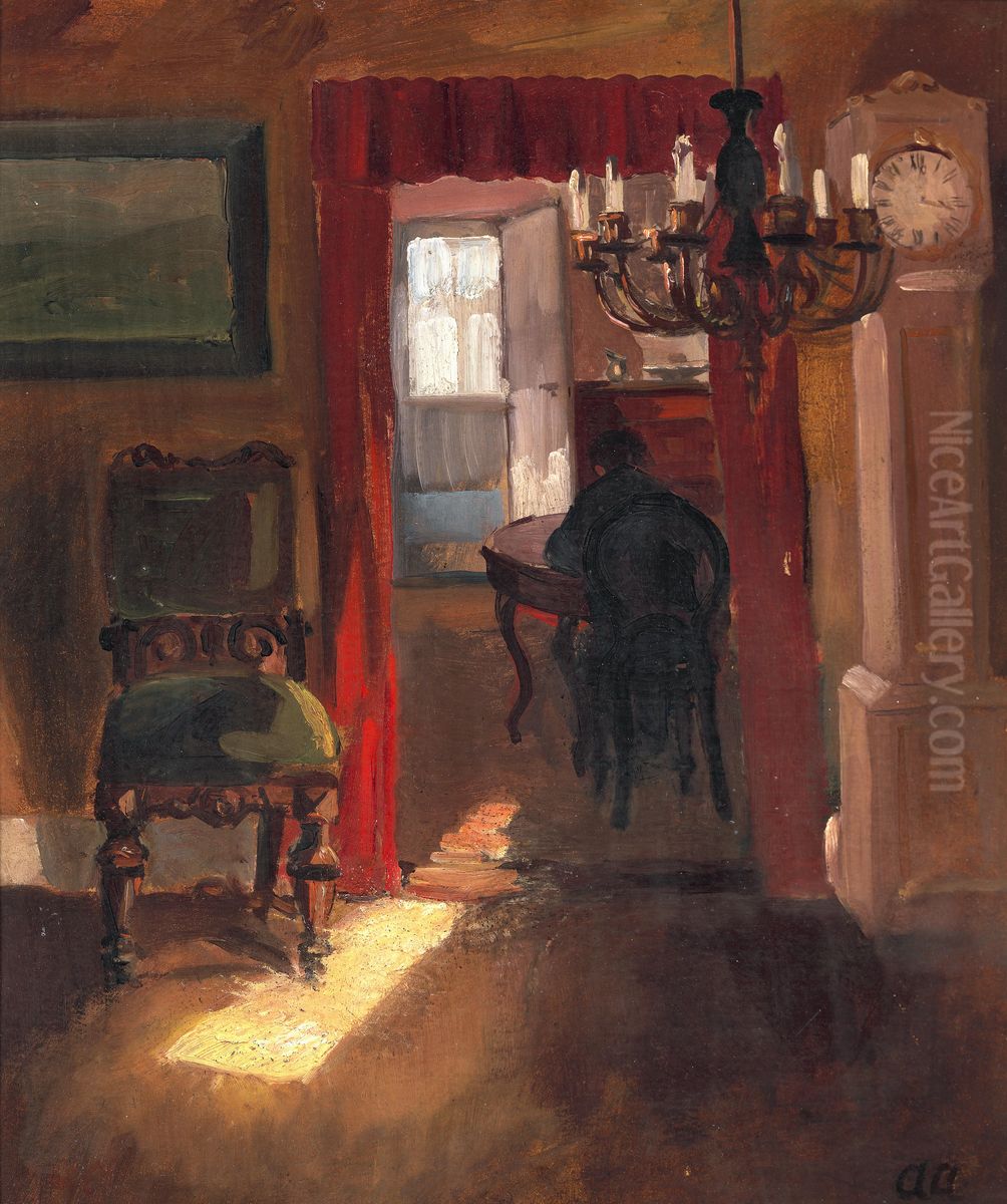 Skageninterior med en solstribe pa gulvet Oil Painting by Anna Ancher