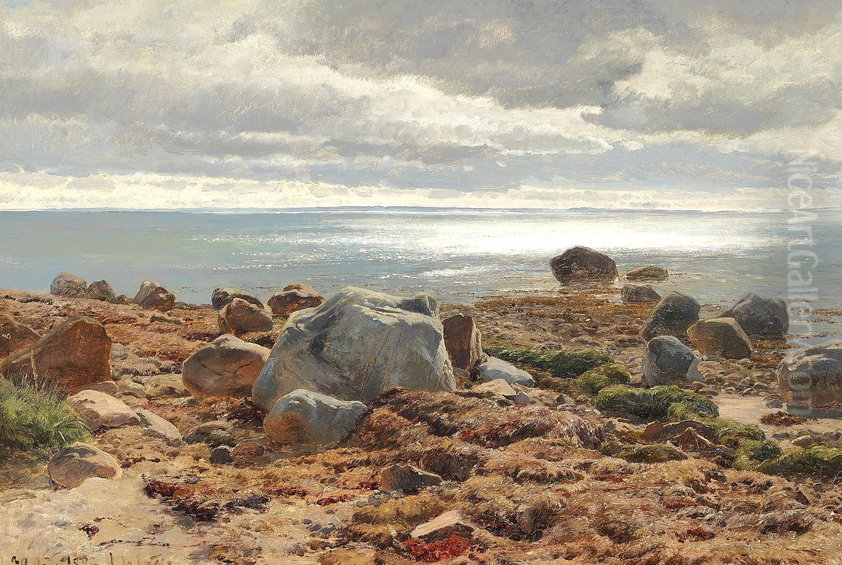 Store sten pa stranden med havet i baggrunden. Oil Painting by Janus Andreas Bartholin La Cour