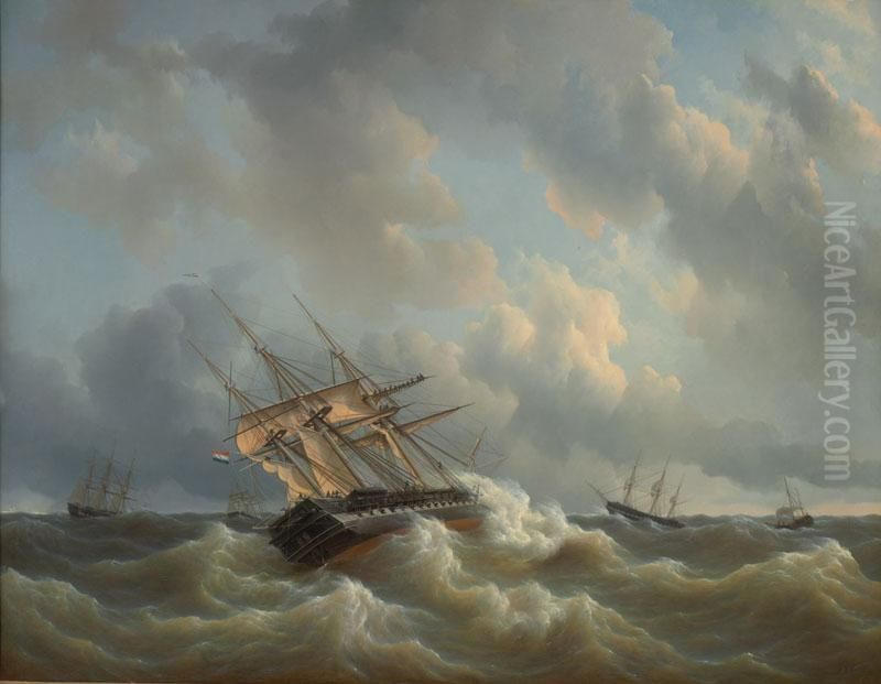 The squadron of HRH Prince William Frederick Henry of the Netherlands in the English Channel in bad weather, October 1843. Oil Painting by Petrus Johannes Schotel