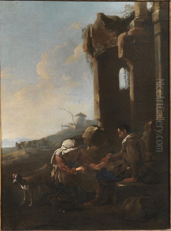 Figures in the vicinity of architectural ruins Oil Painting by Jan Miel