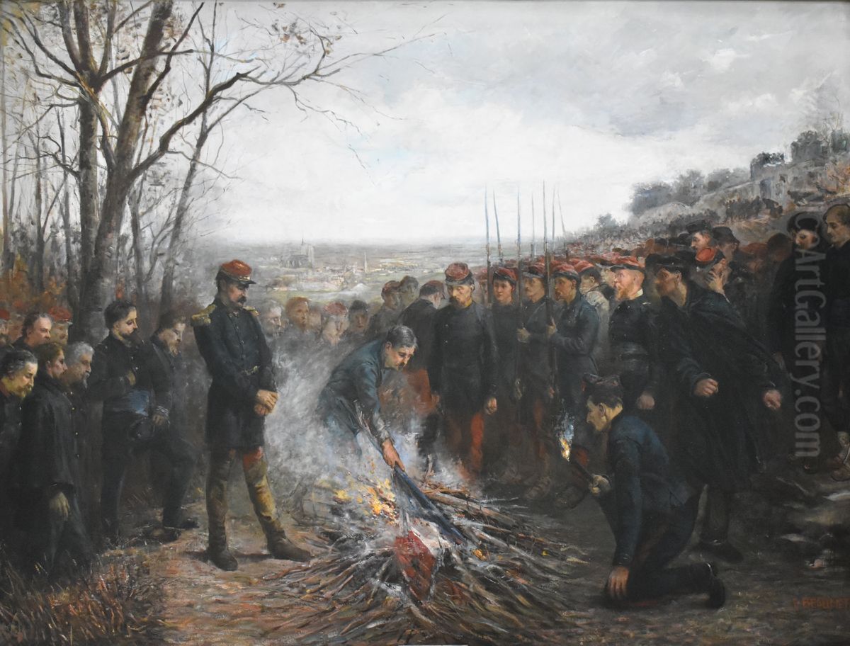 Etienne Dujardin-Beaumetz - Le general Lapasset brulant ses drapeaux Oil Painting by Henri-Charles-Etienne Dujardin-Beaumetz