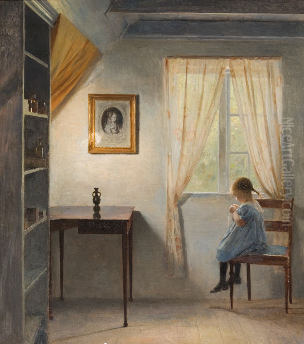 En lille pige der syr Oil Painting by Peter Ilsted