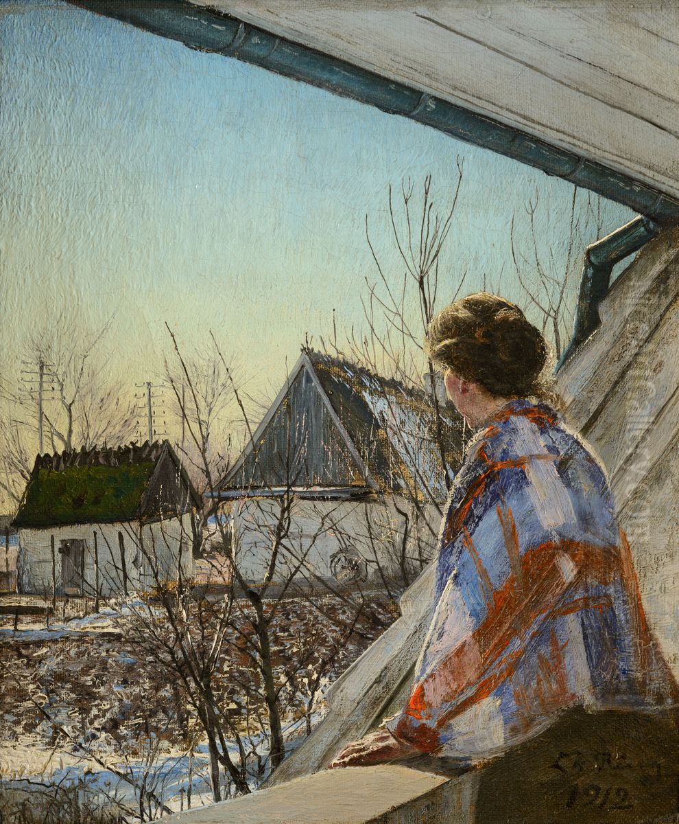 Fru  Sigrid  Ring siddende  paa et  Stenbalustre. Oil Painting by Laurits Andersen Ring