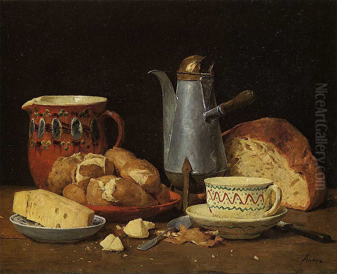 Still-Life with Coffee, Milk and Potatoes Oil Painting by Albert Anker