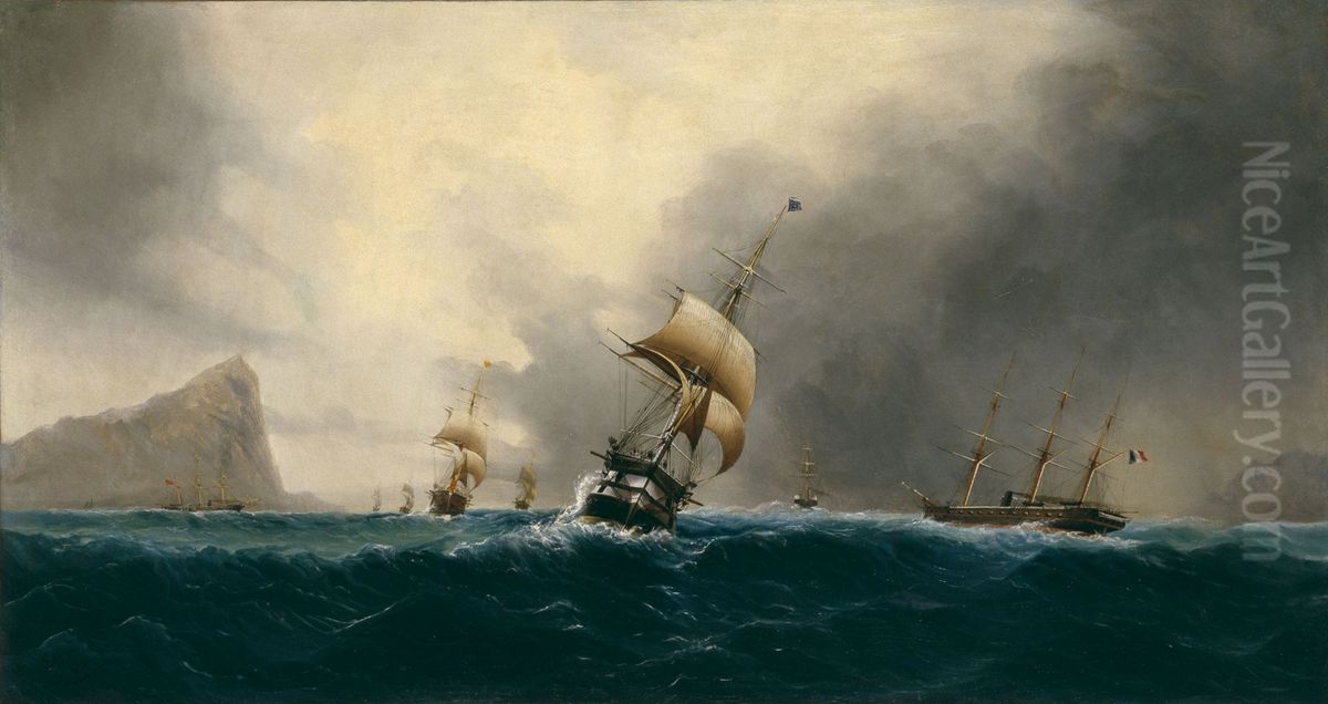 Navires devant le rocher de Gibraltar Oil Painting by Cheri-Francois-Marguerite Dubreuil