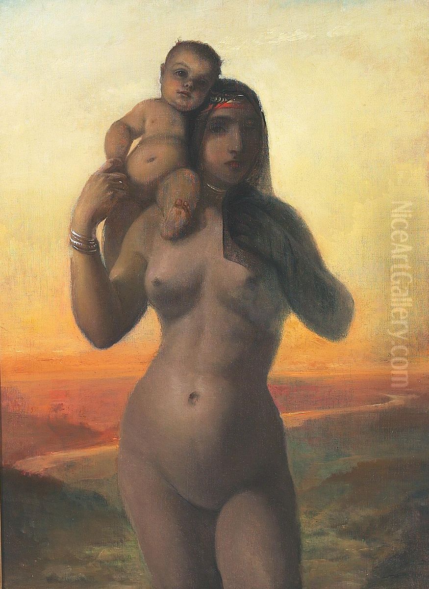 Ung nogen egypterinde og barn. Oil Painting by Elisabeth Baumann