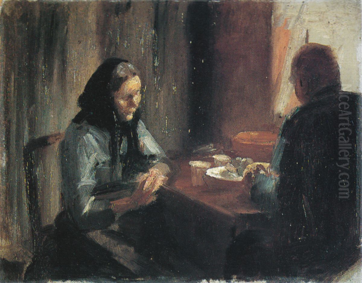 Ved maltidet Oil Painting by Anna Ancher