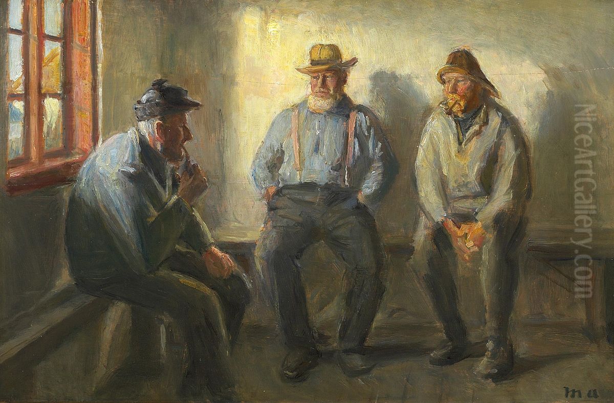 Tre fiskere i Brondums Bod. Oil Painting by Michael Peter Ancher